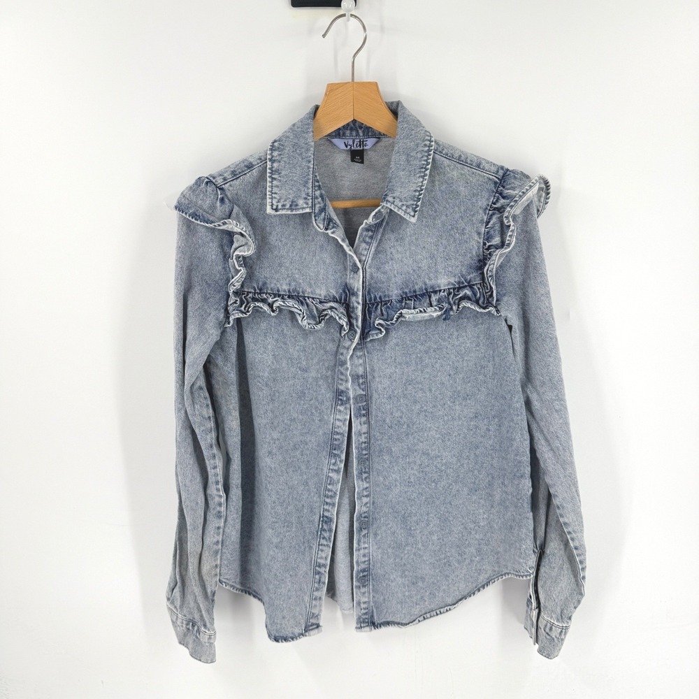 Vylette Denim Shirt Blue Medium Ruffle Western Acid Wash Cotton Cottagecore